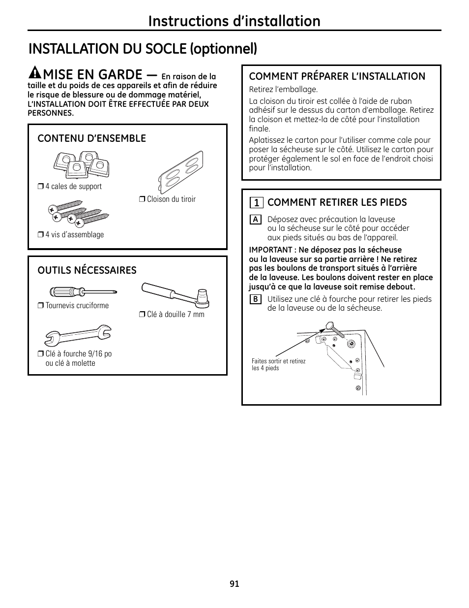 Installation du socle (optionnel), Instructions d’installation, Mise en garde | GE UPVH890 User Manual | Page 91 / 152