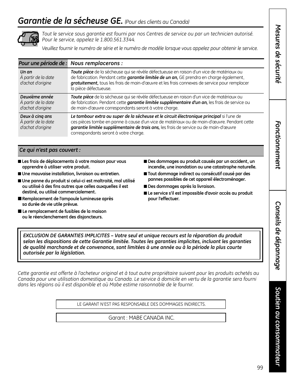 Garantie de la sécheuse ge | GE UPVH890 User Manual | Page 99 / 152