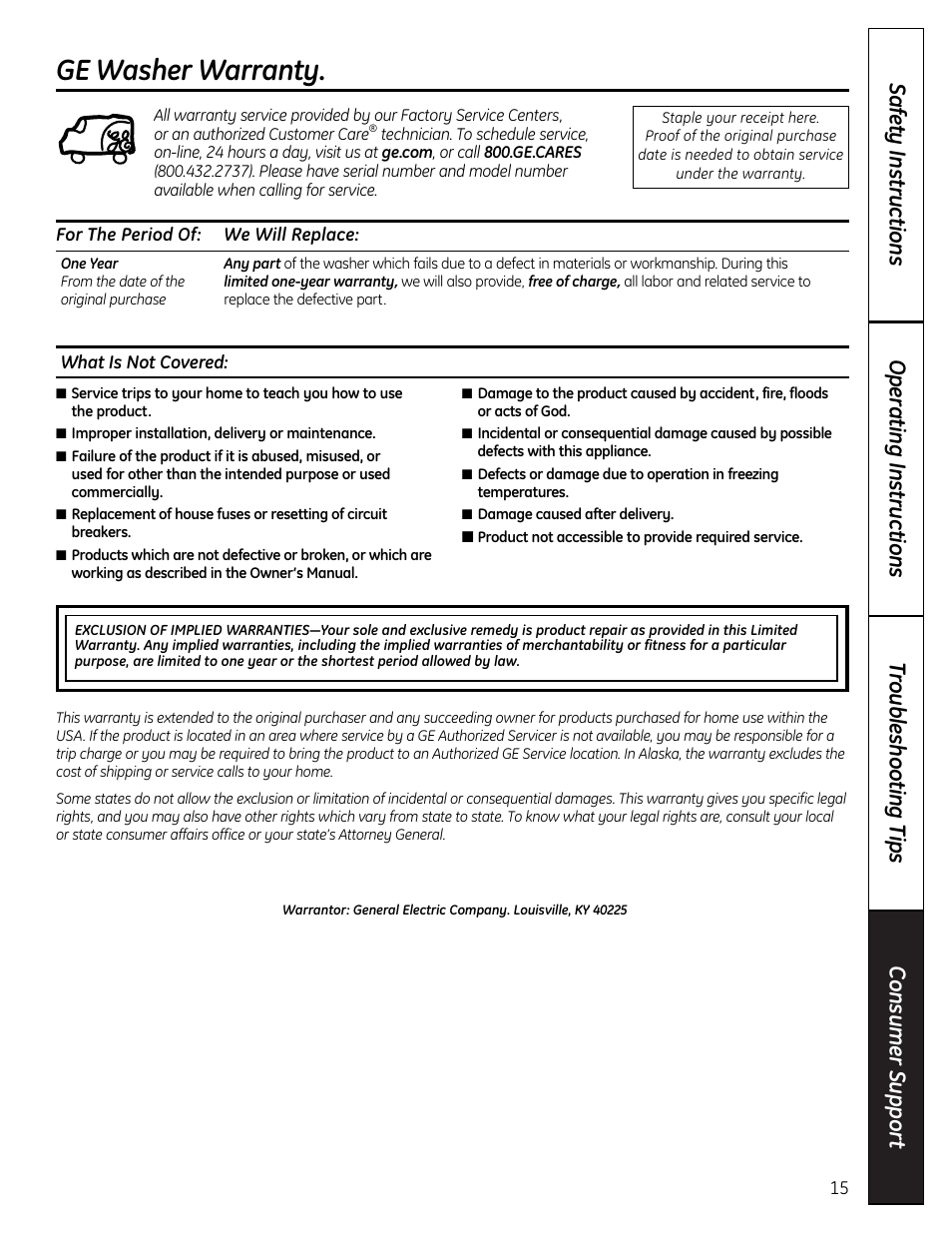 Consumer support, Warranty, Ge washer warranty | GE S3700 User Manual | Page 15 / 32