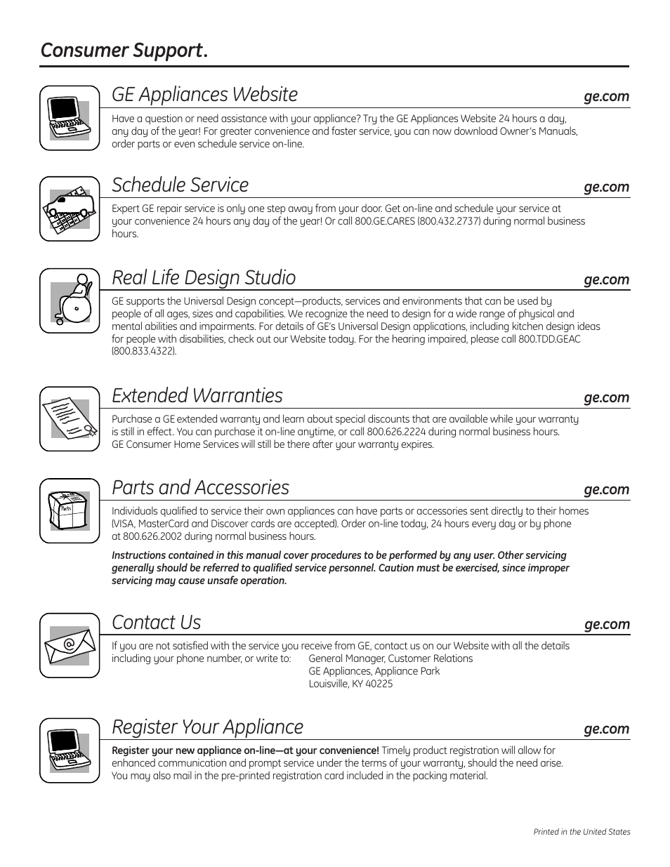 Consumer support, Consumer support. ge appliances website, Schedule service | Real life design studio, Extended warranties, Parts and accessories, Contact us, Register your appliance | GE S3700 User Manual | Page 16 / 32