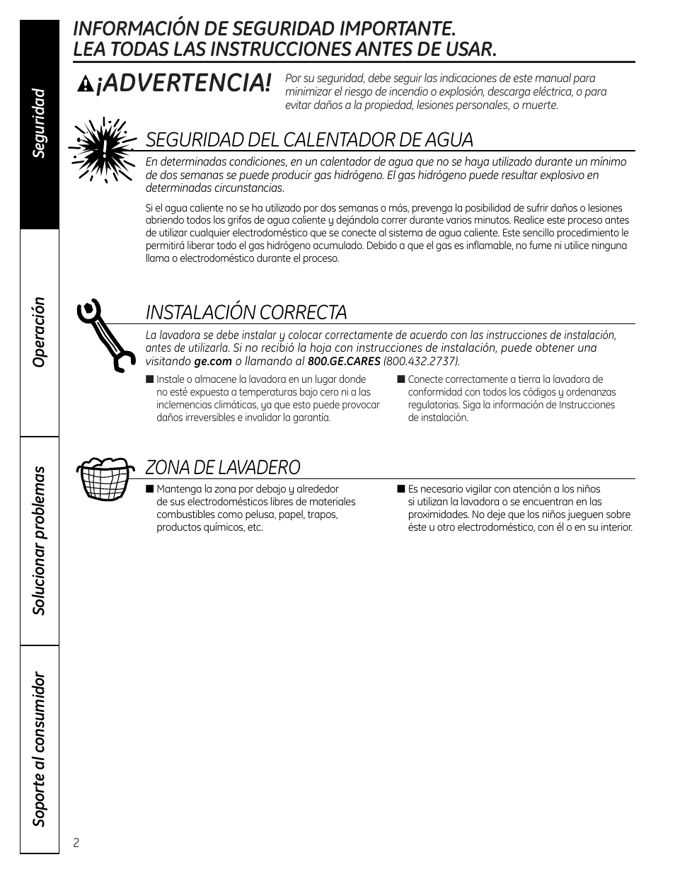 Instrucciones de seguridad, Advertencia, Seguridad del calentador de agua | Instalación correcta, Zona de lavadero | GE S3700 User Manual | Page 18 / 32