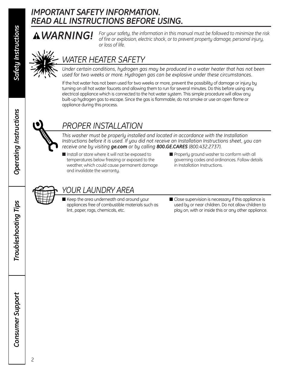 Safety instructions, Warning, Water heater safety | Proper installation, Your laundry area | GE S3700 User Manual | Page 2 / 32