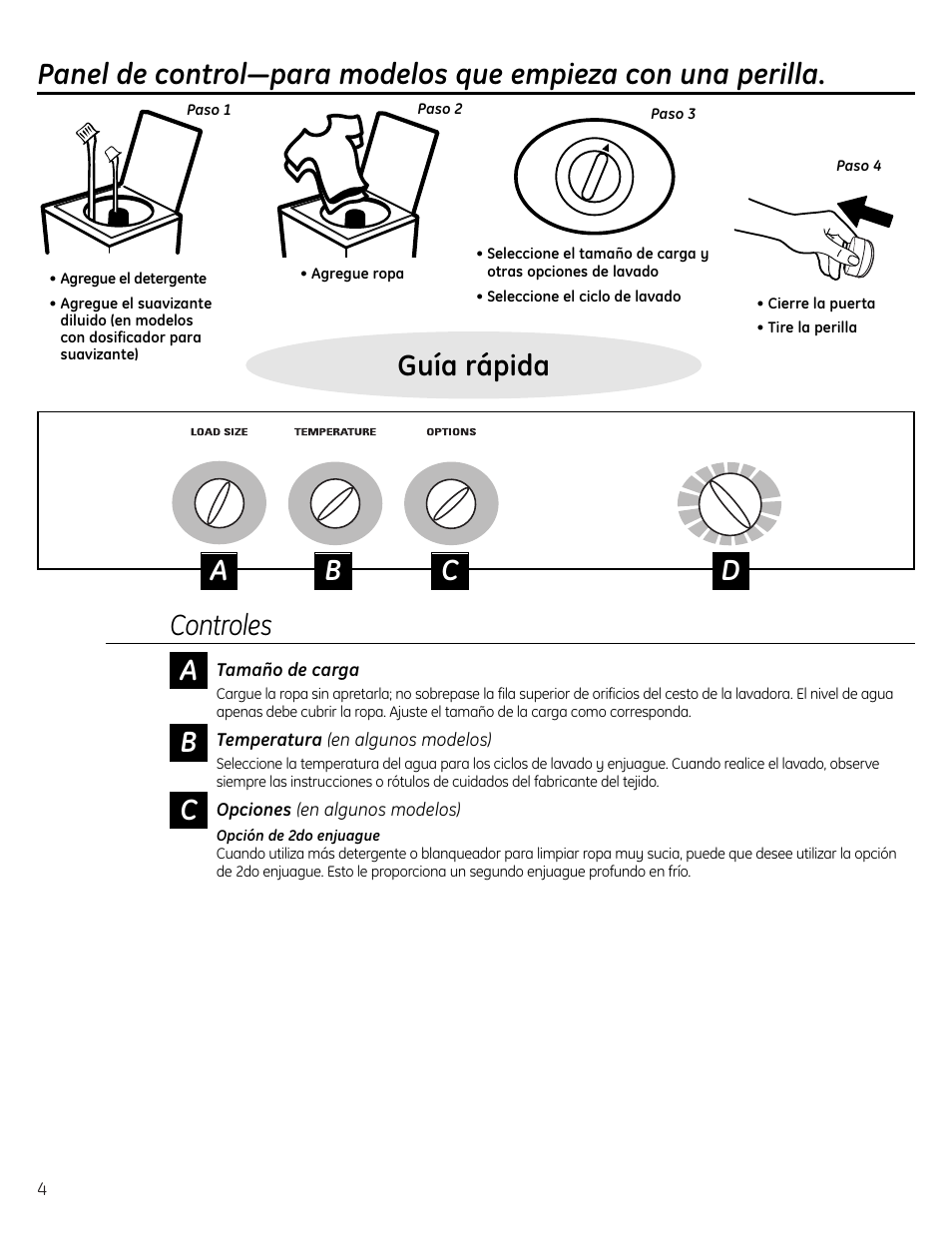 Instrucciones de operación, Ajustes de control, Panel de control | Controles | GE S3700 User Manual | Page 20 / 32