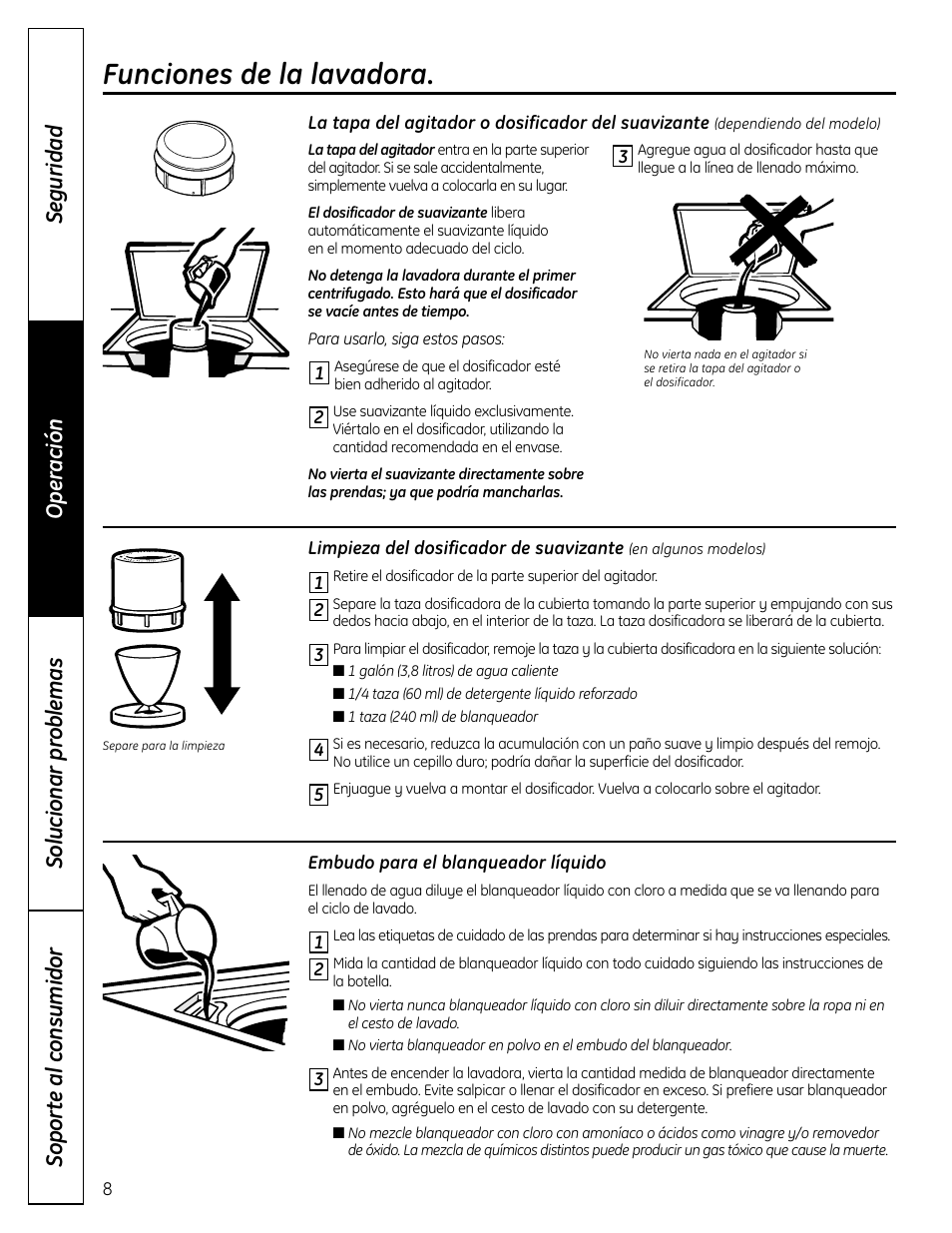 Funciones, Funciones de la lavadora | GE S3700 User Manual | Page 24 / 32