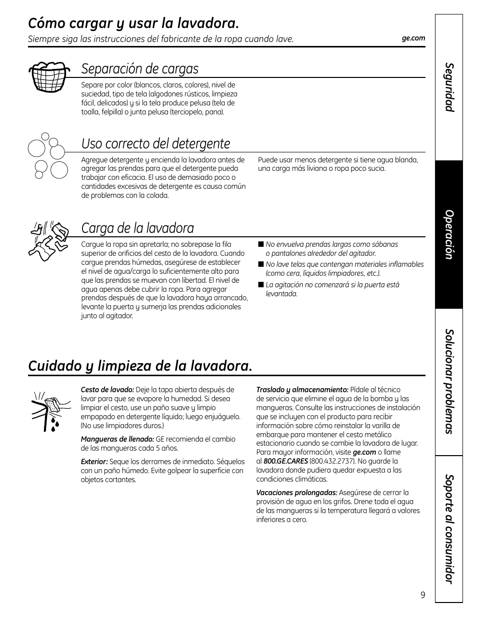 Cómo cargar y usar la lavadora, Cuidado y limpieza de la lavadora, Separación de cargas | Uso correcto del detergente, Carga de la lavadora | GE S3700 User Manual | Page 25 / 32