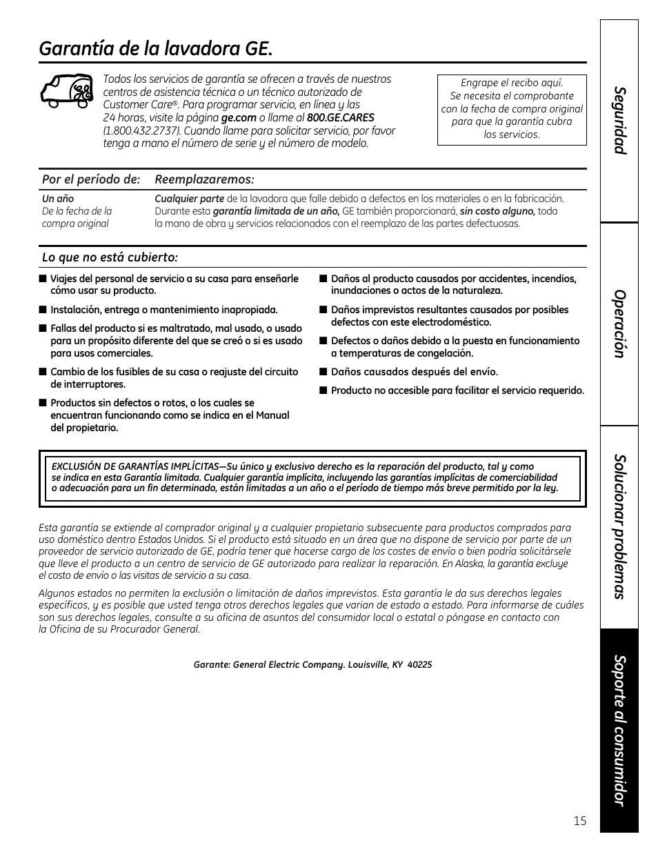 Soporte al consumidor, Garantía, Garantía de la lavadora ge | GE S3700 User Manual | Page 31 / 32