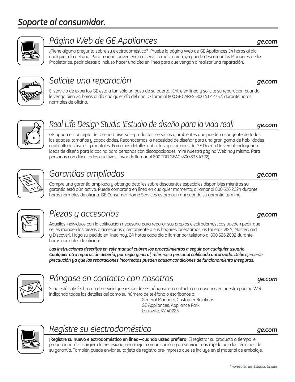 Soporte al consumidor, Soporte al consumidor. página web de ge appliances, Solicite una reparación | Garantías ampliadas, Piezas y accesorios, Póngase en contacto con nosotros, Registre su electrodoméstico | GE S3700 User Manual | Page 32 / 32