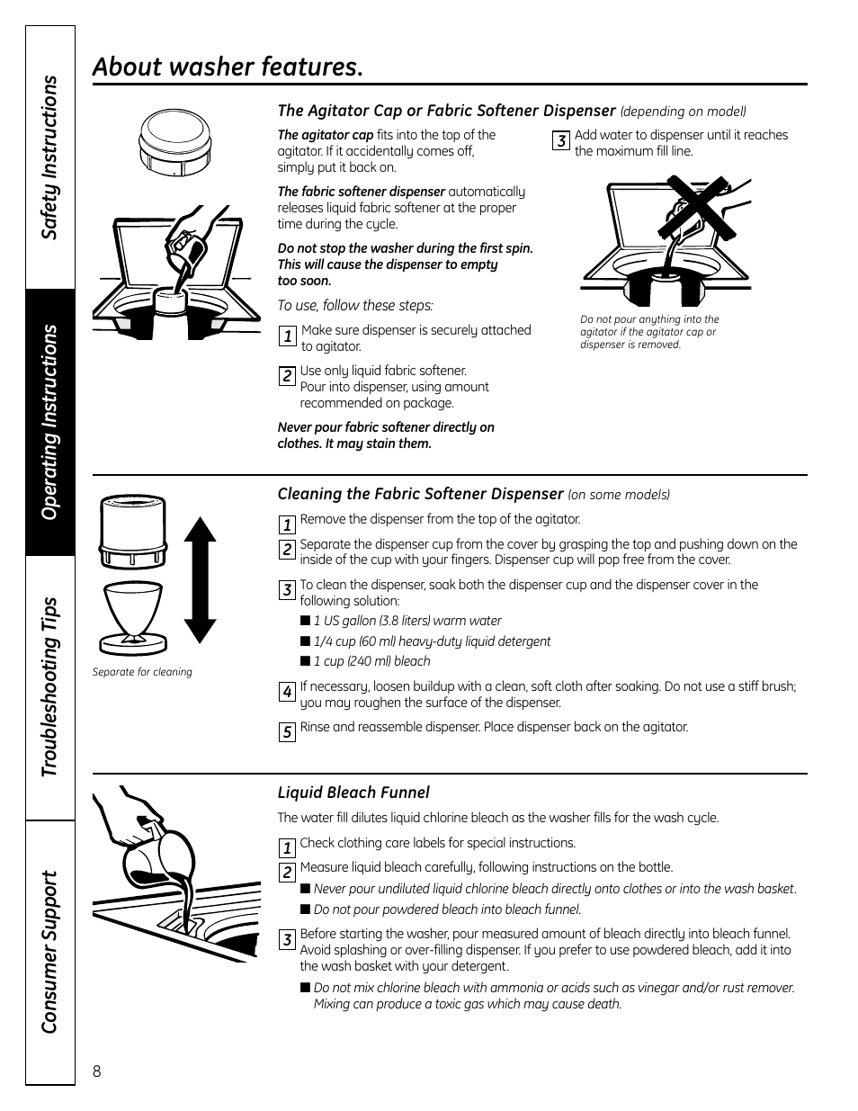 Features, About washer features | GE S3700 User Manual | Page 8 / 32