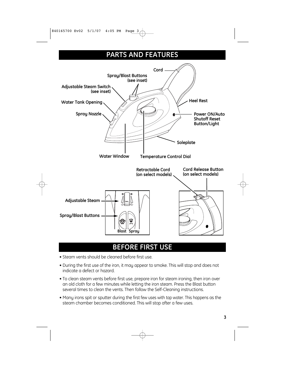 Before first use parts and features | GE 106822R User Manual | Page 3 / 8