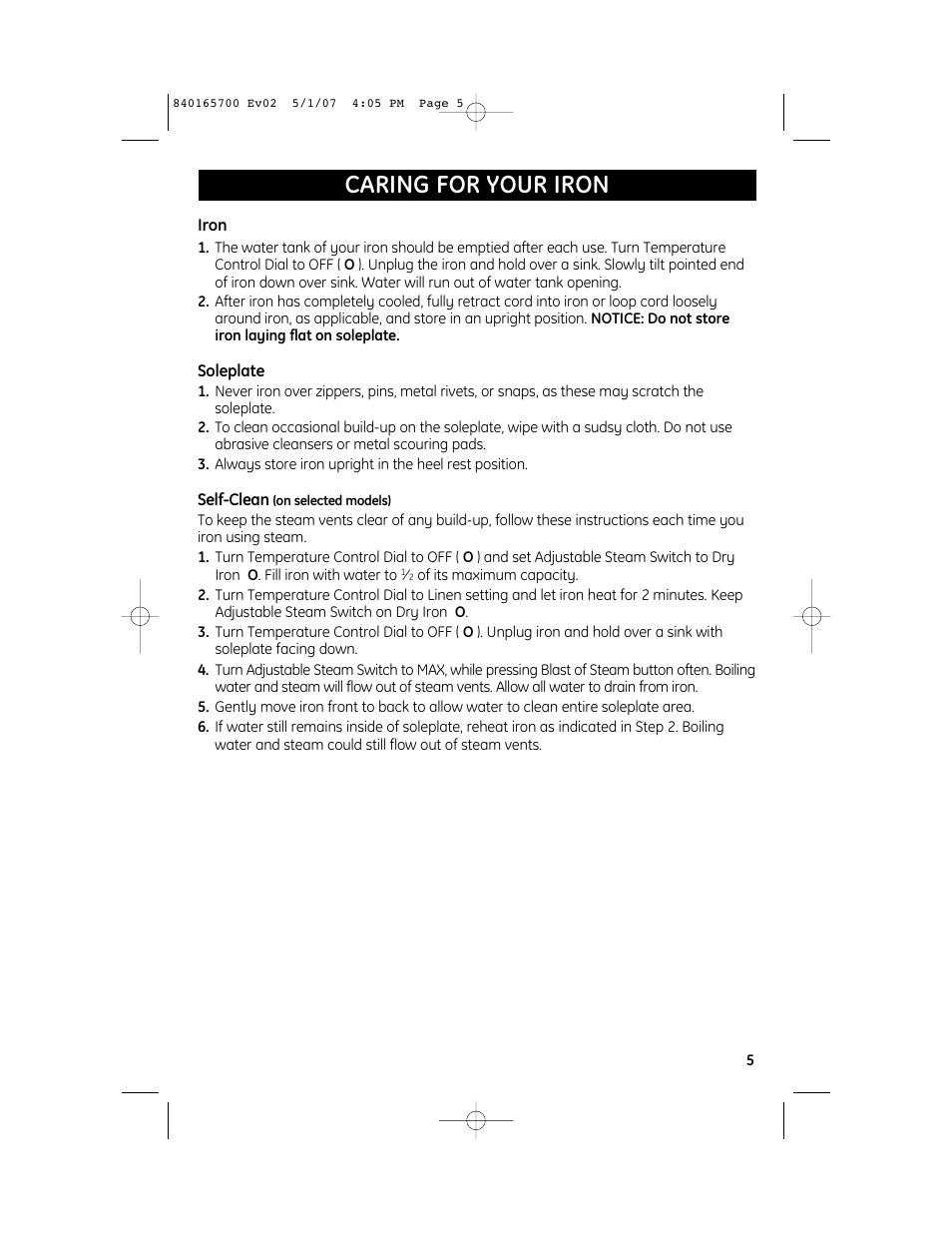 Caring for your iron | GE 106822R User Manual | Page 5 / 8
