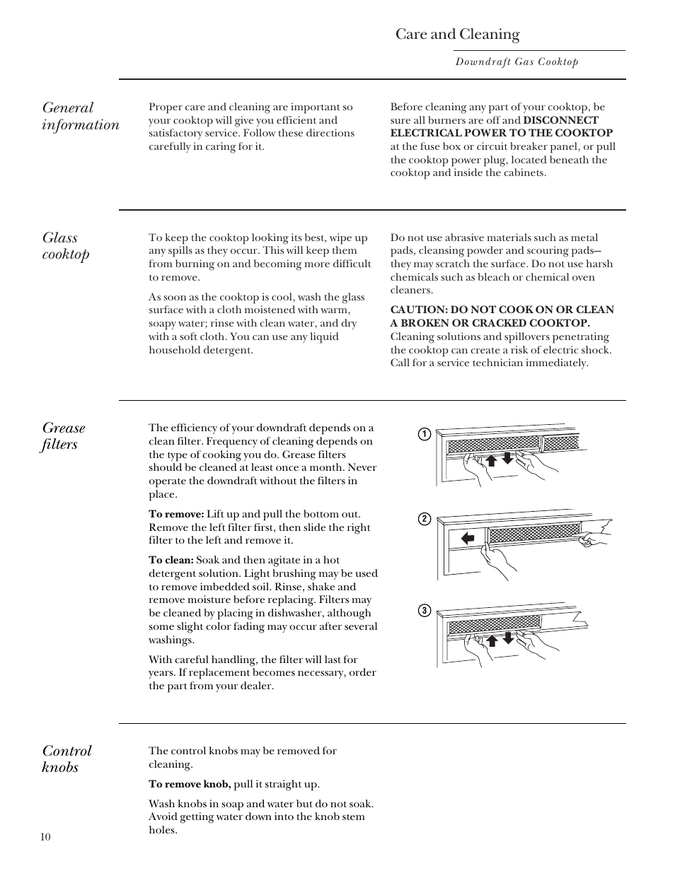 Control knobs, Glass cooktop, Grease filters | Control knobs glass cooktop grease filters, Care and cleaning, General information | GE Monogram ZGU3650BBBG User Manual | Page 10 / 16