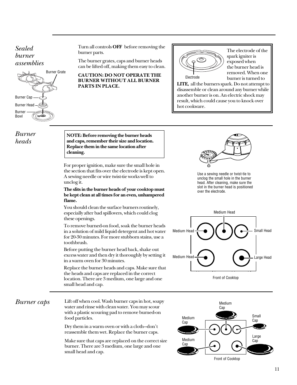 Burner assemblies, Burner caps, Burner heads | Burner assemblies burner caps, Sealed burner assemblies | GE Monogram ZGU3650BBBG User Manual | Page 11 / 16