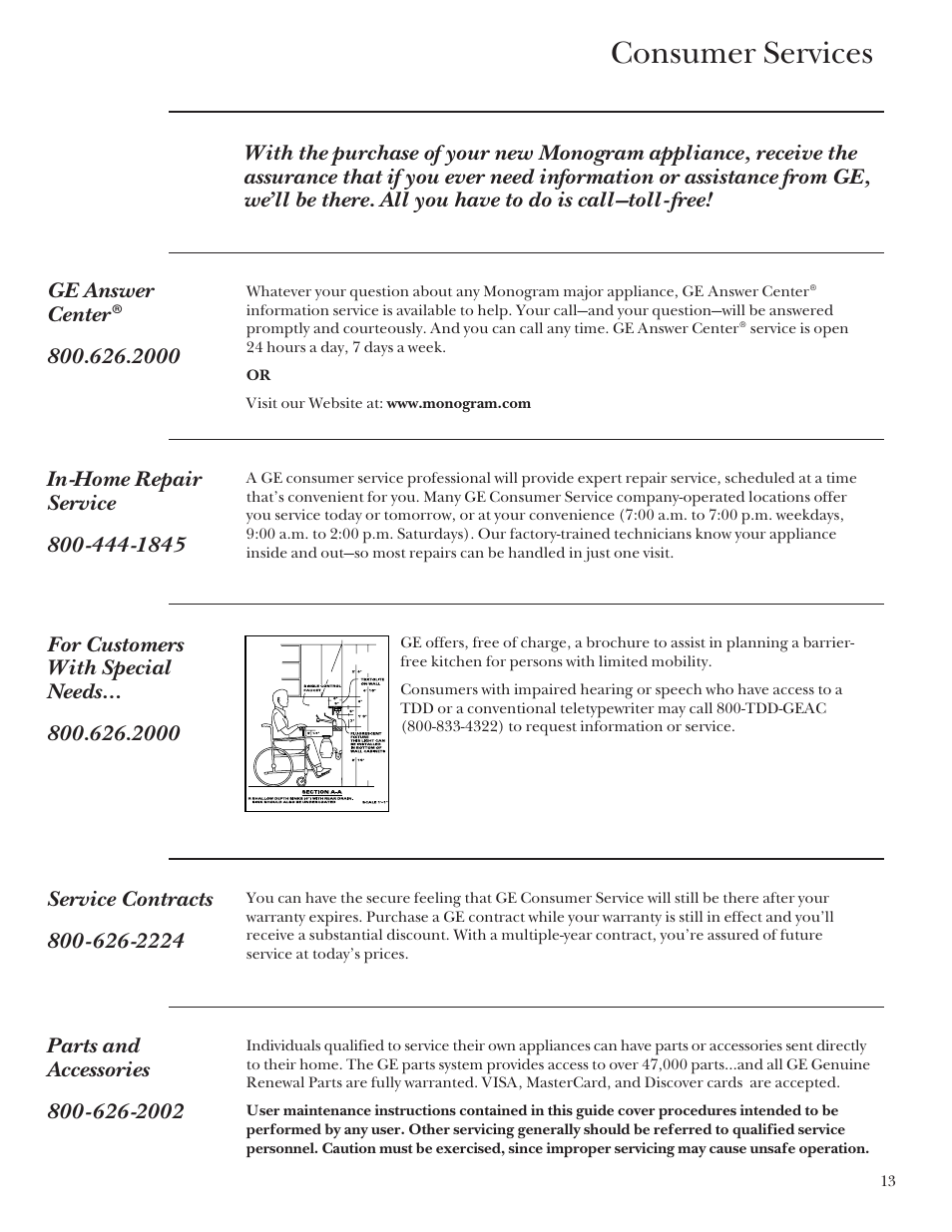 Important phone numbers, Consumer services | GE Monogram ZGU3650BBBG User Manual | Page 13 / 16