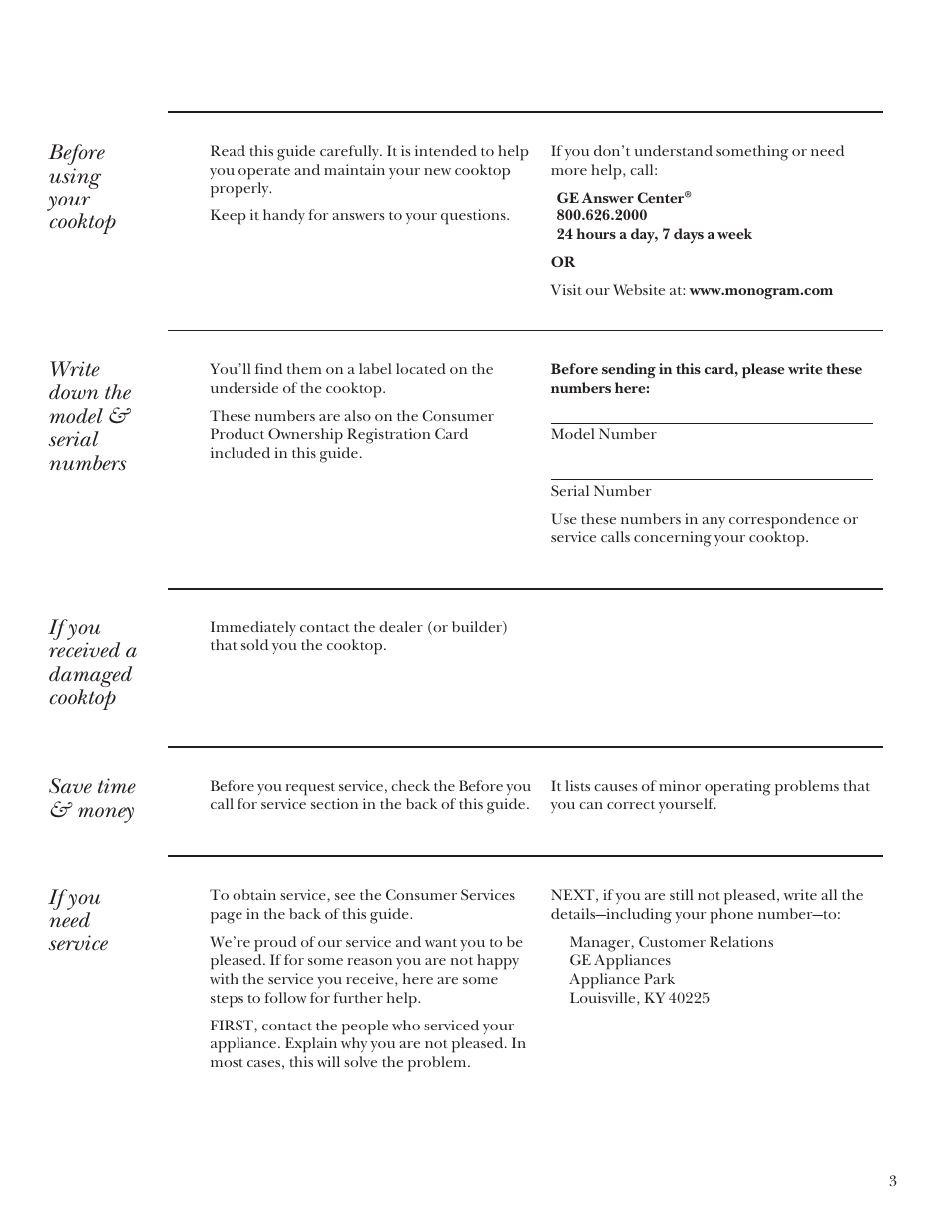 Product registration, Product registration , 15, 16, Before using your cooktop | Write down the model & serial numbers, If you received a damaged cooktop, Save time & money, If you need service | GE Monogram ZGU3650BBBG User Manual | Page 3 / 16