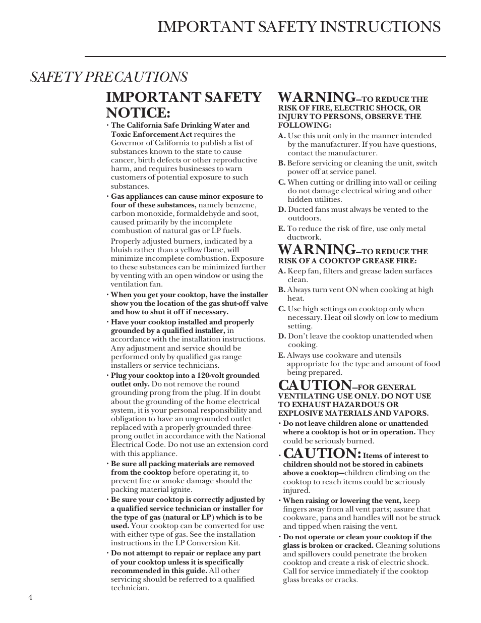 Safety instructions, Safety instructions , 4, 5, Important safety instructions | Safety precautions important safety notice, Warning, Caution | GE Monogram ZGU3650BBBG User Manual | Page 4 / 16