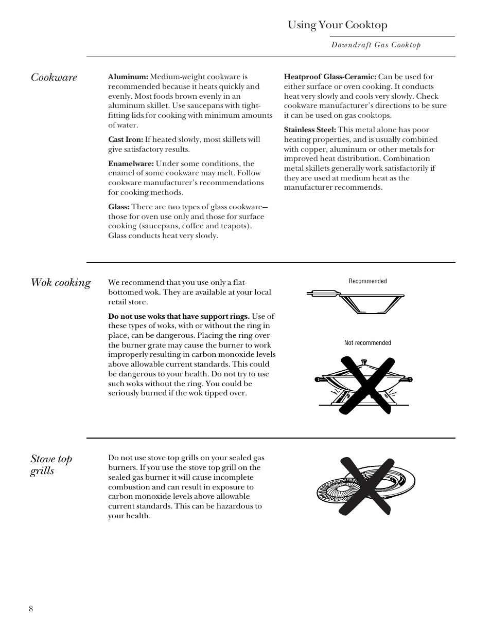 Using your cooktop, Cookware, Wok cooking | Stove top grills | GE Monogram ZGU3650BBBG User Manual | Page 8 / 16