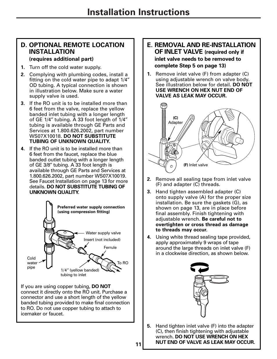 Installation instructions, D. optional remote location installation, E. removal and re-installation of inlet valve | GE PNRQ21LBN User Manual | Page 11 / 84