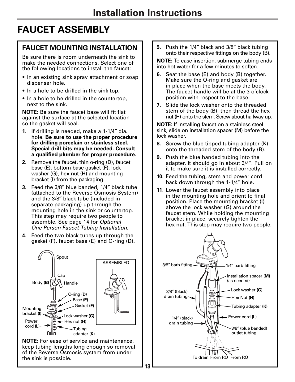 Faucet assembly, Faucet assembly , 14, Installation instructions faucet assembly | Faucet mounting installation | GE PNRQ21LBN User Manual | Page 13 / 84