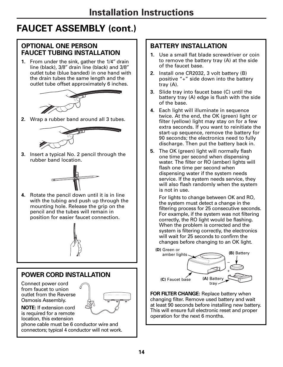 Battery installation, Installation instructions faucet assembly (cont.), Optional one person faucet tubing installation | Power cord installation | GE PNRQ21LBN User Manual | Page 14 / 84