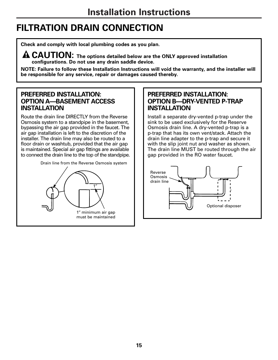 Filtration drain connection, Filtration drain connection , 16, Caution | GE PNRQ21LBN User Manual | Page 15 / 84