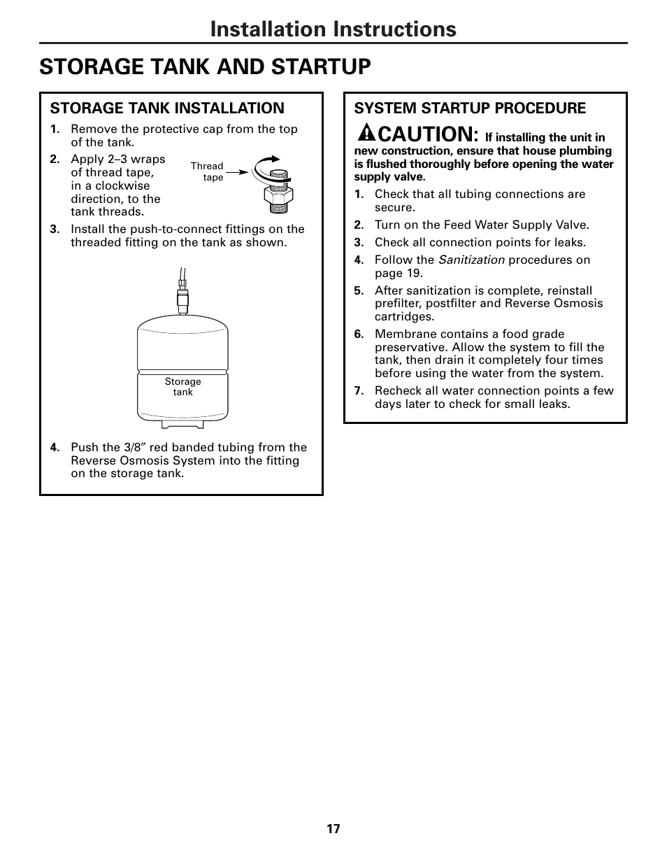 Storage tank and startup, Installation instructions storage tank and startup, Caution | GE PNRQ21LBN User Manual | Page 17 / 84