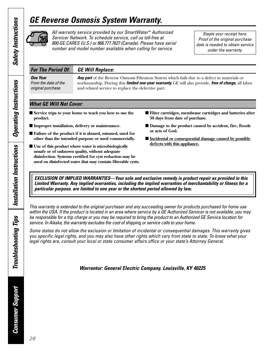 Warranty, Ge reverse osmosis system warranty | GE PNRQ21LBN User Manual | Page 26 / 84