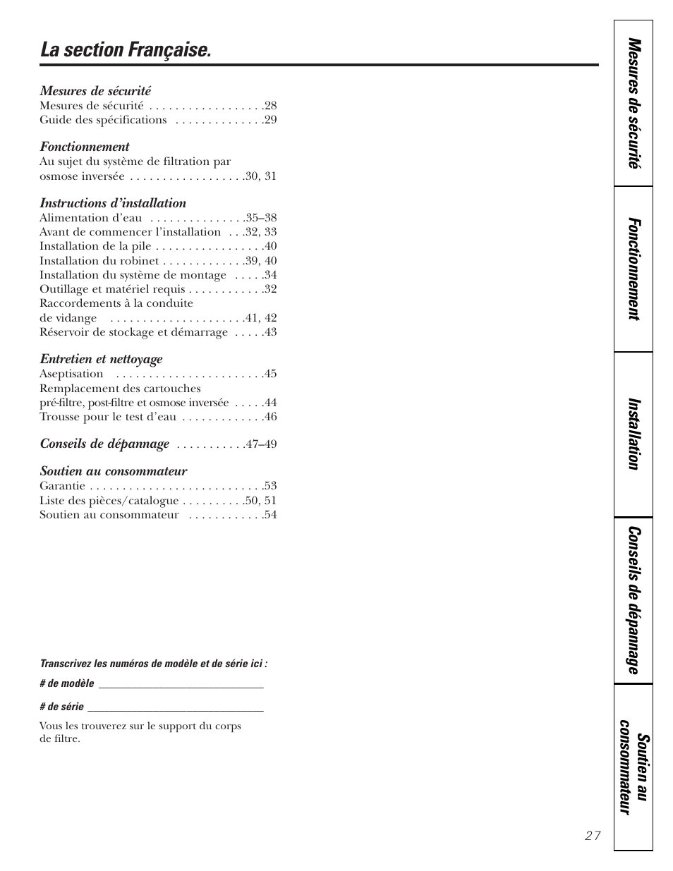 Francais, Mesures de sécurité, Fonctionnement | Instructions d’installation, Entretien et nettoyage, Soutien au consommateur | GE PNRQ21LBN User Manual | Page 27 / 84