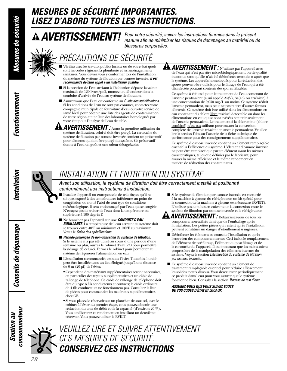 Mesures de sécurité, Avertissement | GE PNRQ21LBN User Manual | Page 28 / 84