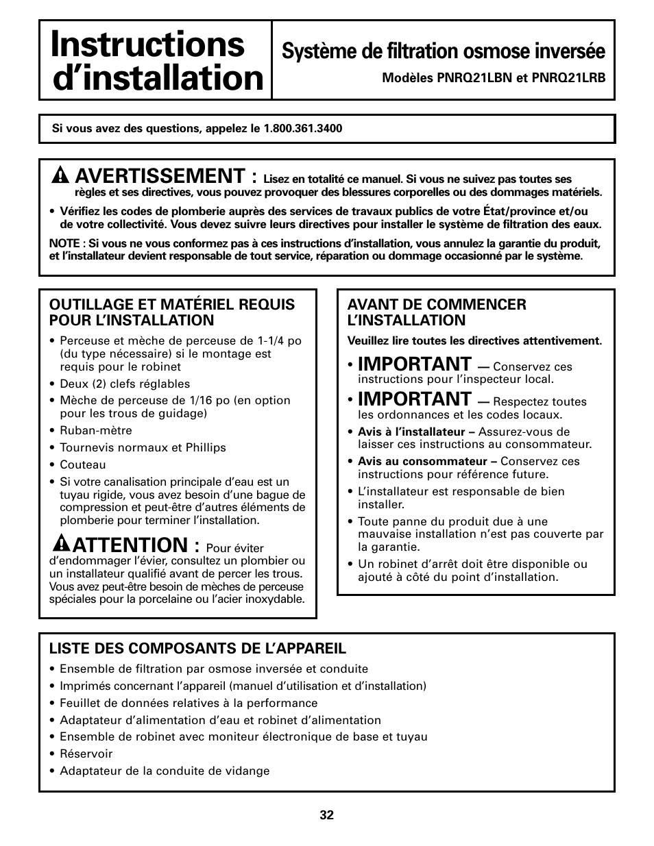 Avant de commencer l’installation, Outillage et matériel requis, Avant de commencer l’installation , 33 | Instructions, D’installation, Système de filtration osmose inversée, Attention, Avertissement, Important | GE PNRQ21LBN User Manual | Page 32 / 84