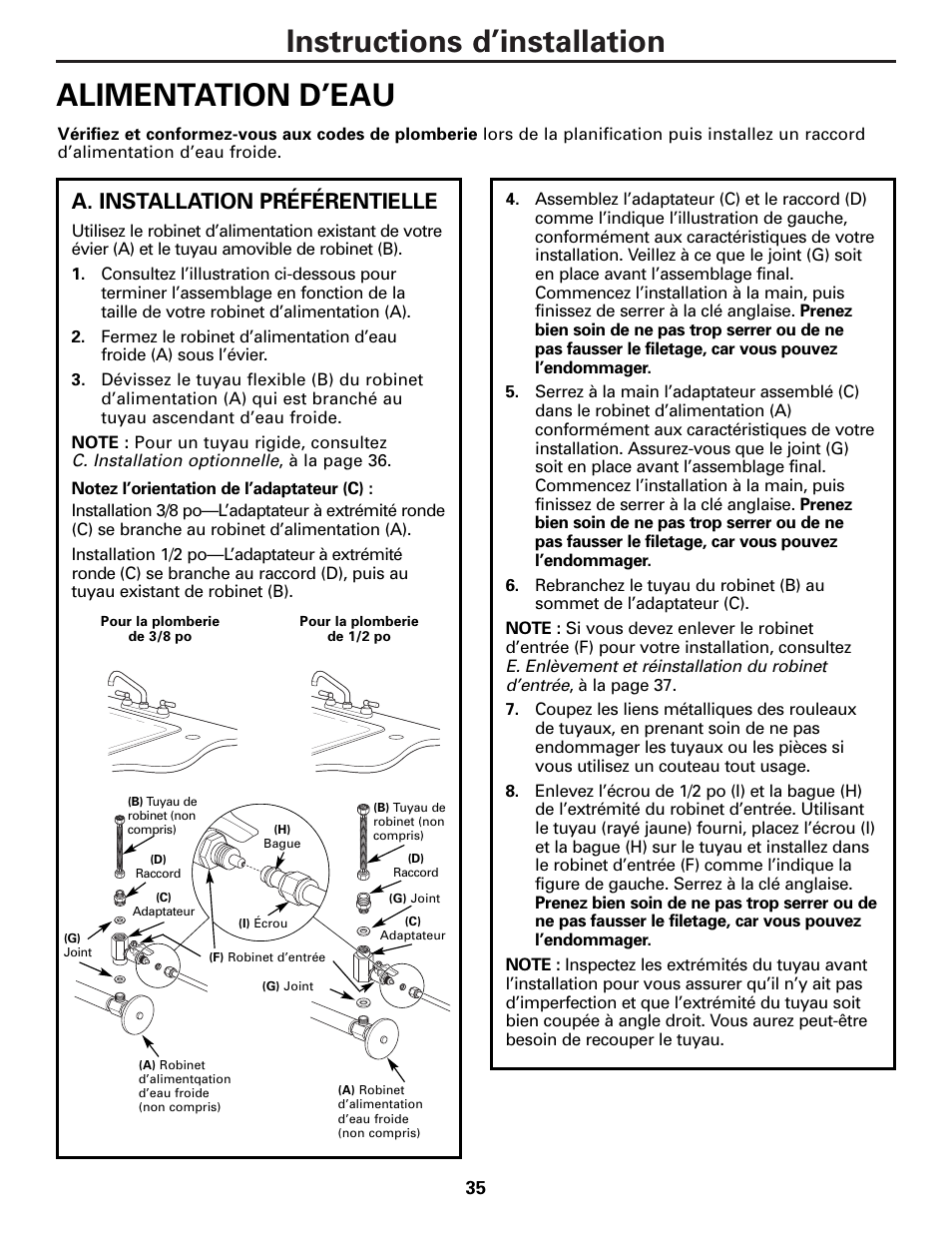 Alimentation d’eau, Alimentation d’eau –38, Instructions d’installation alimentation d’eau | A. installation préférentielle | GE PNRQ21LBN User Manual | Page 35 / 84