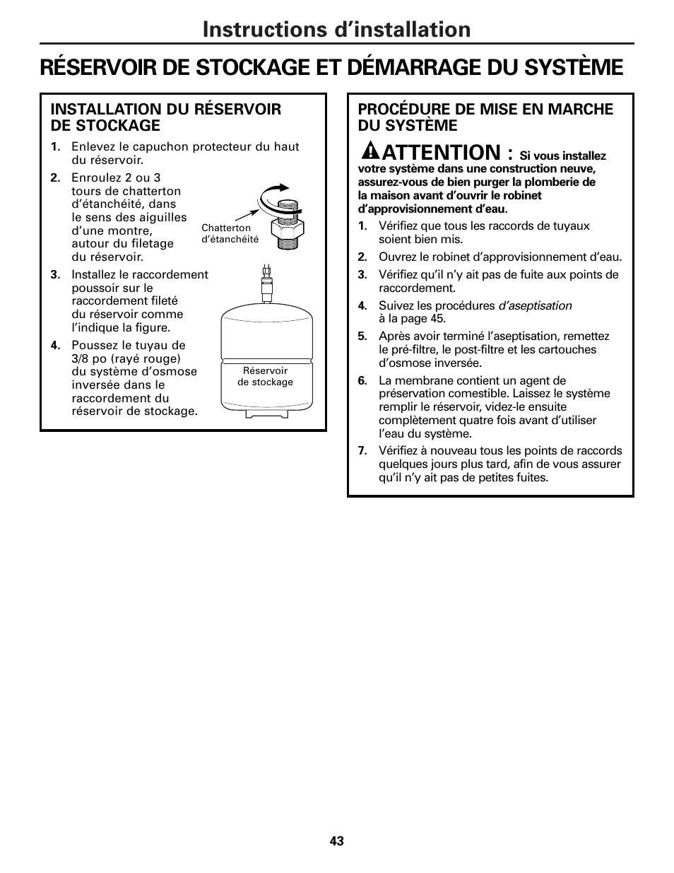 Réservoir de stockage et démarrage, Attention | GE PNRQ21LBN User Manual | Page 43 / 84