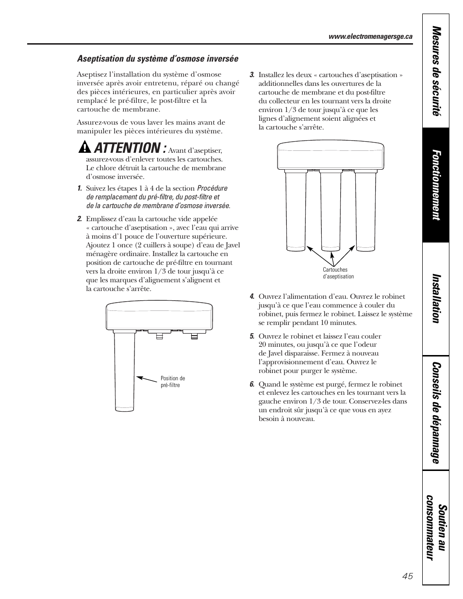 Aseptisation, Attention | GE PNRQ21LBN User Manual | Page 45 / 84