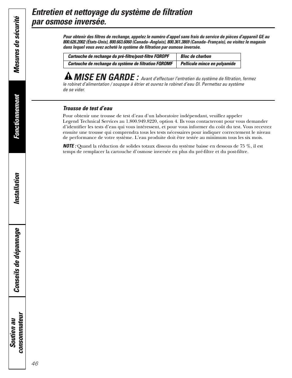 Trousse pour le test d’eau, Mise en garde | GE PNRQ21LBN User Manual | Page 46 / 84