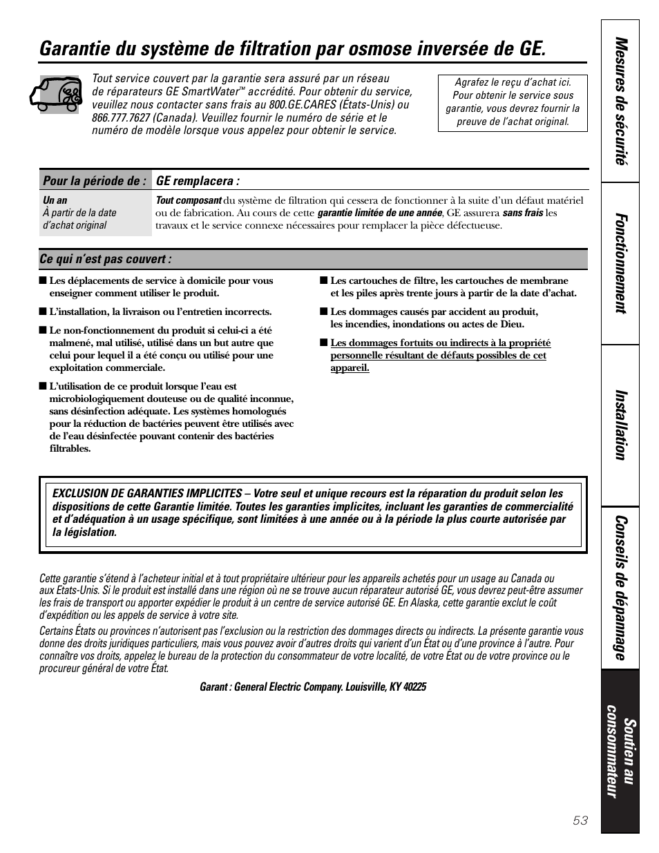 Garantie | GE PNRQ21LBN User Manual | Page 53 / 84