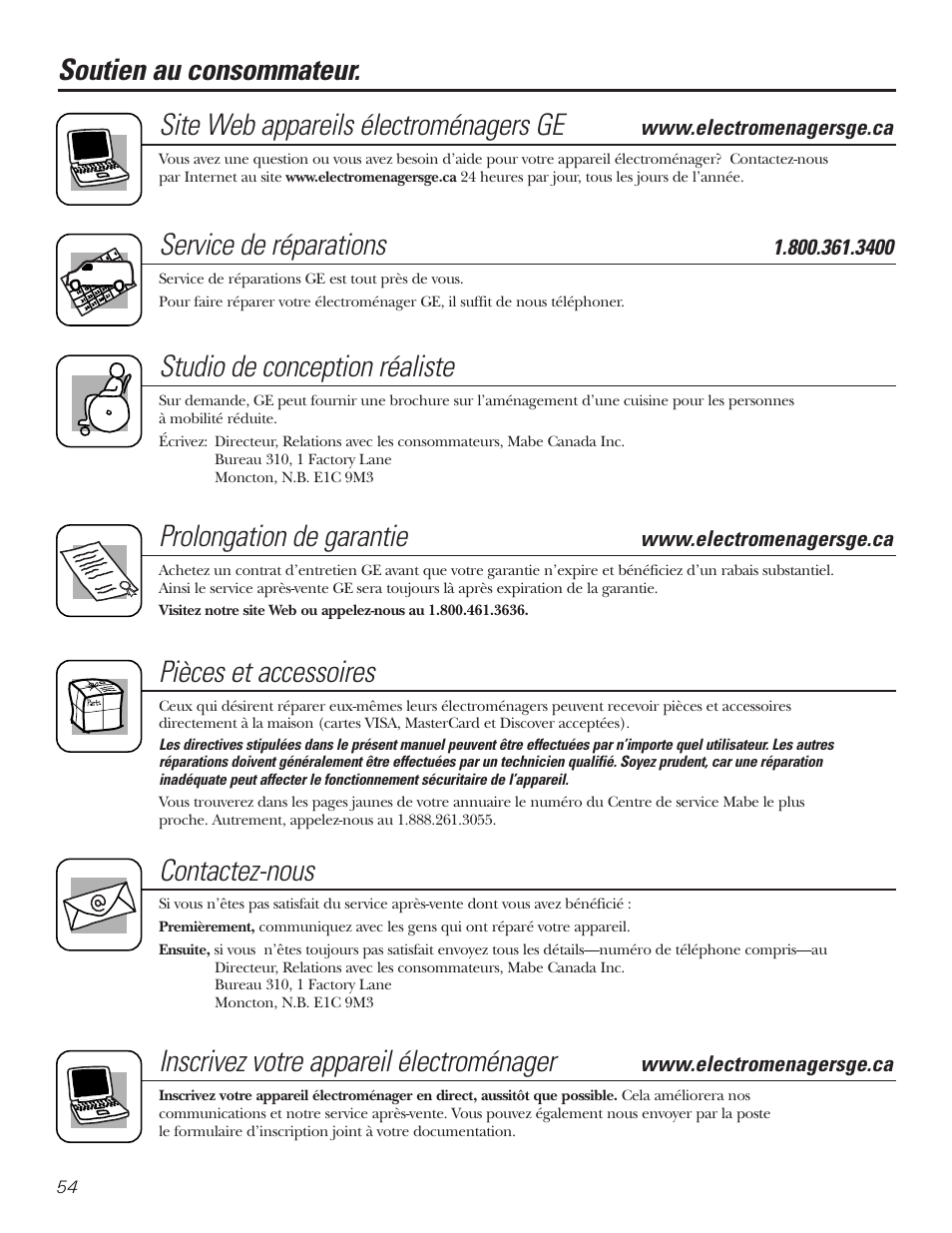 Soutien au consommateur, Service de réparations, Studio de conception réaliste | Prolongation de garantie, Pièces et accessoires, Contactez-nous, Inscrivez votre appareil électroménager | GE PNRQ21LBN User Manual | Page 54 / 84