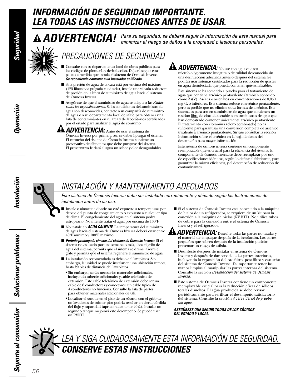 Información de seguridad, Conserve estas instrucciones, Precauciones de seguridad | Instalación y mantenimiento adecuados, Advertencia | GE PNRQ21LBN User Manual | Page 56 / 84