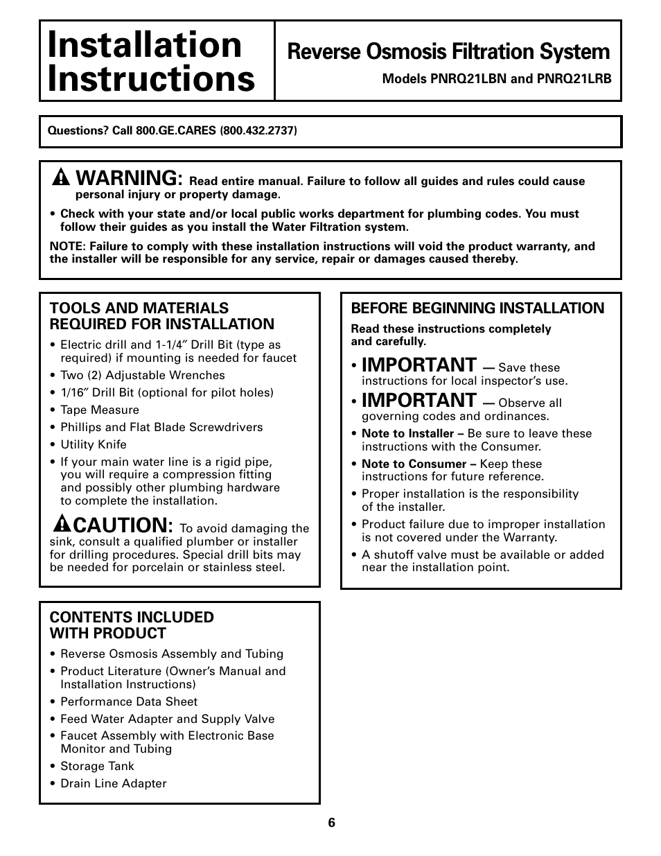 Tools and materials required, Before beginning installation, Installation | Instructions, Reverse osmosis filtration system, Caution, Warning, Important | GE PNRQ21LBN User Manual | Page 6 / 84