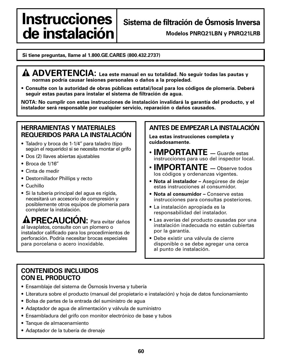 Antes de empezar la instalación, Herramientas y materiales requeridos, Antes de empezar la instalación , 61 | Instrucciones, De instalación, Precaución, Advertencia, Sistema de filtración de ósmosis inversa, Importante | GE PNRQ21LBN User Manual | Page 60 / 84