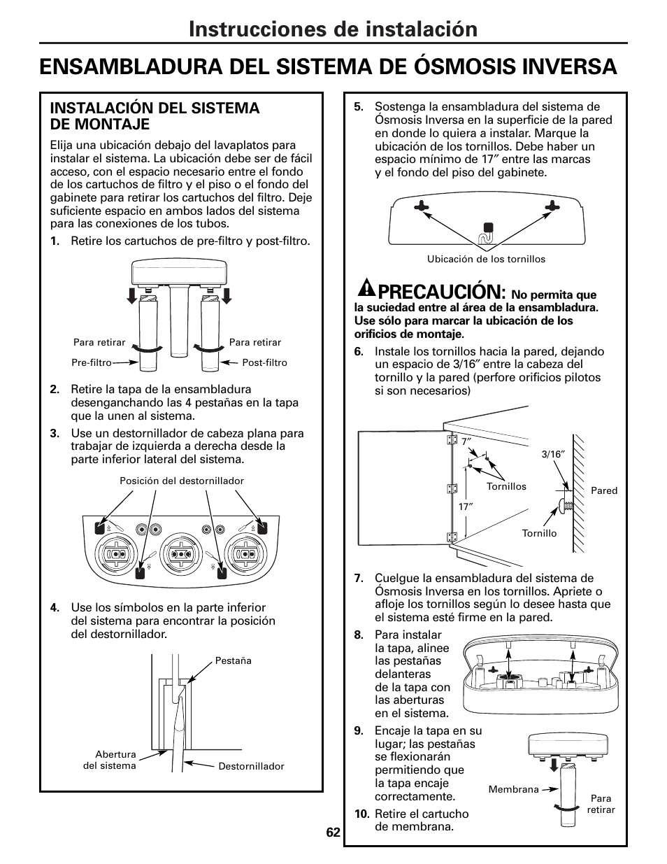 Precaución, Instalación del sistema de montaje | GE PNRQ21LBN User Manual | Page 62 / 84