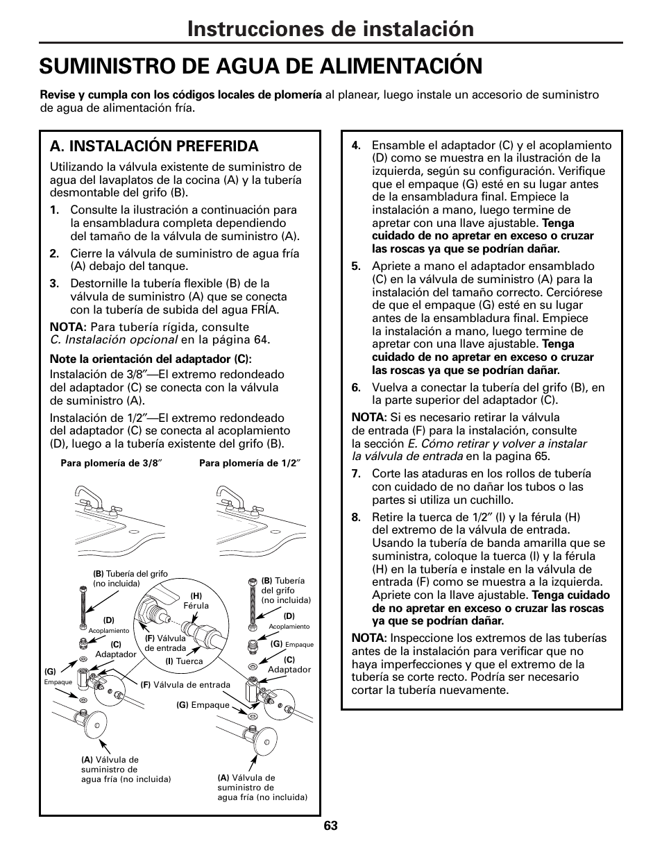 Suministro de agua de alimentación, Suministro de agua de alimentación –66, A. instalación preferida | GE PNRQ21LBN User Manual | Page 63 / 84