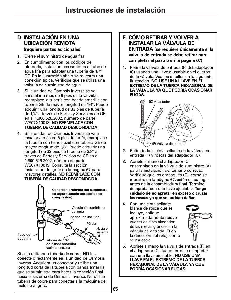 Instrucciones de instalación, D. instalación en una ubicación remota | GE PNRQ21LBN User Manual | Page 65 / 84