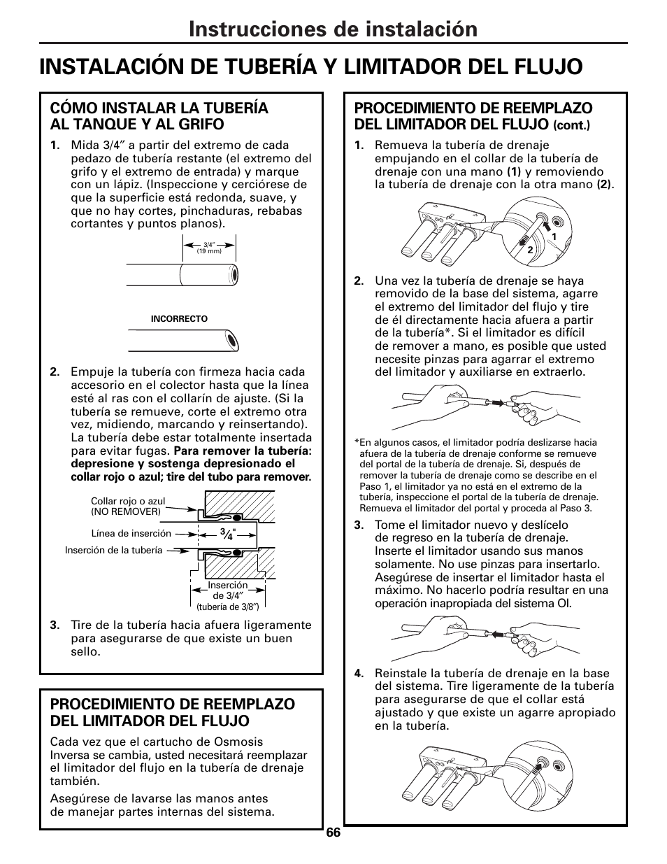 Cómo instalar la tubería al tanque y al grifo, Procedimiento de reemplazo del limitador del flujo | GE PNRQ21LBN User Manual | Page 66 / 84