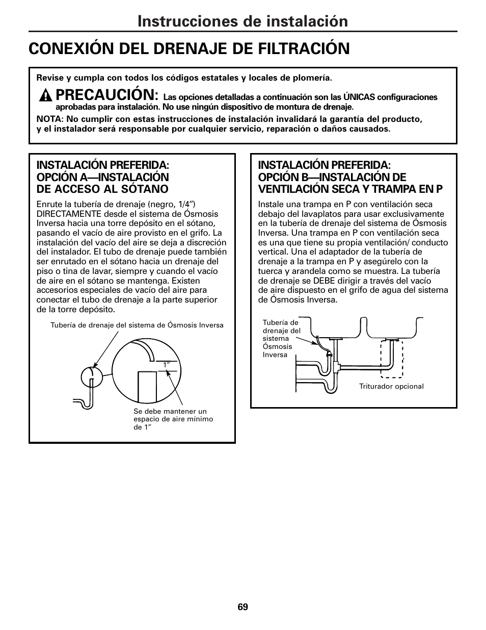 Conexión del drenaje de filtración, Conexión del drenaje de filtración , 70, Precaución | GE PNRQ21LBN User Manual | Page 69 / 84