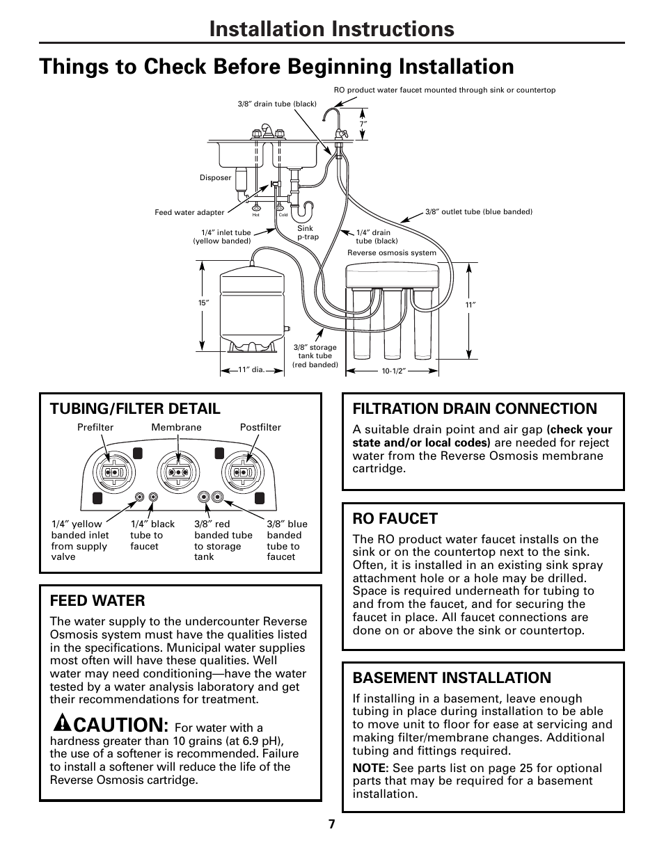 Caution, Feed water, Filtration drain connection | Basement installation, Ro faucet, Tubing/filter detail | GE PNRQ21LBN User Manual | Page 7 / 84