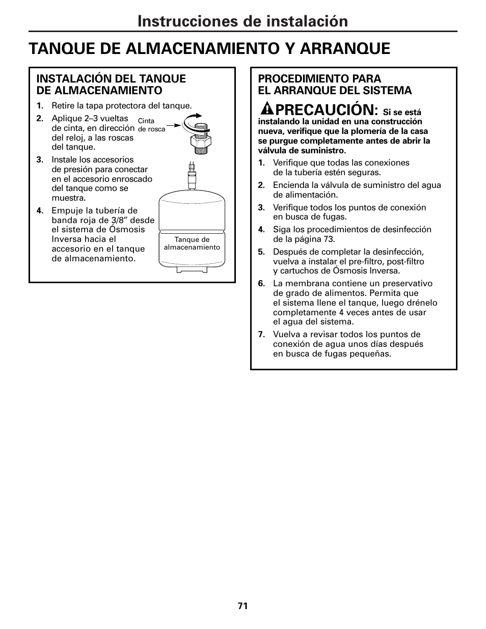 Tanque de almacenamiento y arranque, Precaución | GE PNRQ21LBN User Manual | Page 71 / 84