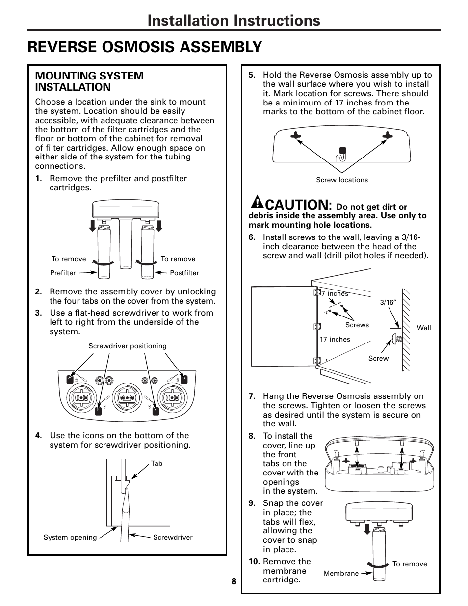 Mounting system installation, Installation instructions reverse osmosis assembly, Caution | GE PNRQ21LBN User Manual | Page 8 / 84