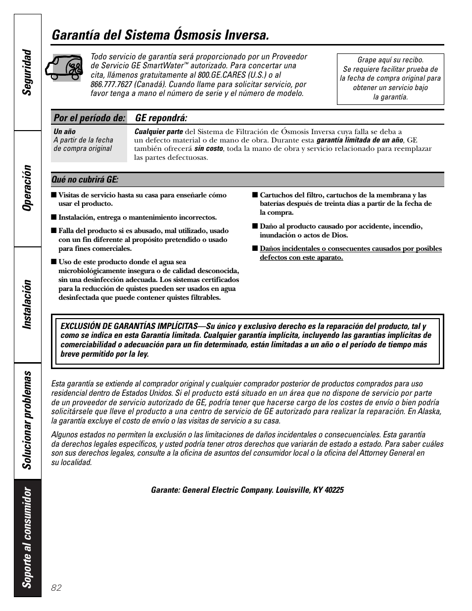 Garantía, Garantía del sistema ósmosis inversa | GE PNRQ21LBN User Manual | Page 82 / 84