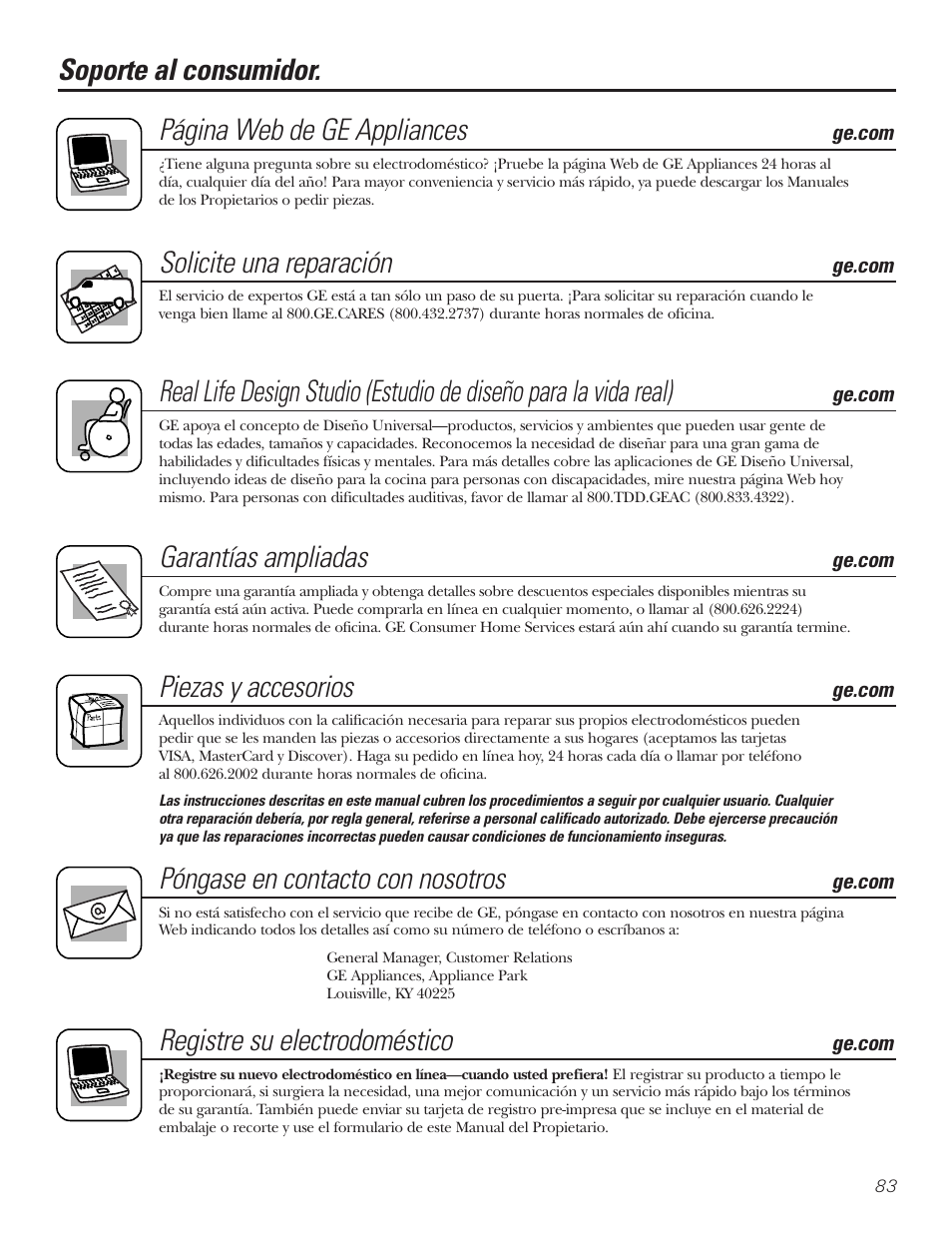 Soporte al consumidor, Soporte al consumidor. página web de ge appliances, Solicite una reparación | Garantías ampliadas, Piezas y accesorios, Póngase en contacto con nosotros, Registre su electrodoméstico | GE PNRQ21LBN User Manual | Page 83 / 84