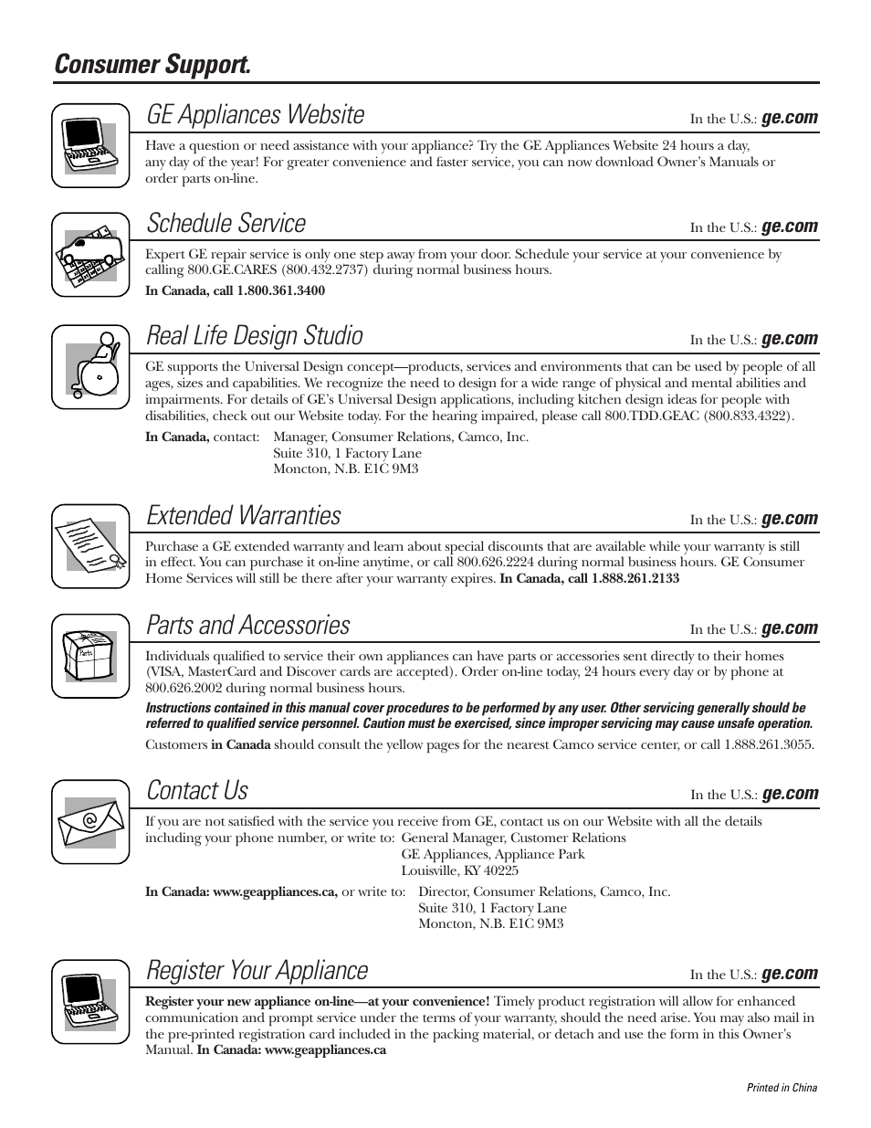 Consumer support, Consumer support . . . . .back cover, Consumer support. ge appliances website | Schedule service, Real life design studio, Extended warranties, Parts and accessories, Contact us, Register your appliance | GE PNRQ21LBN User Manual | Page 84 / 84