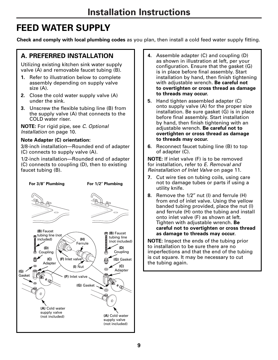 Feed water supply, Feed water supply –12, Installation instructions feed water supply | A. preferred installation | GE PNRQ21LBN User Manual | Page 9 / 84